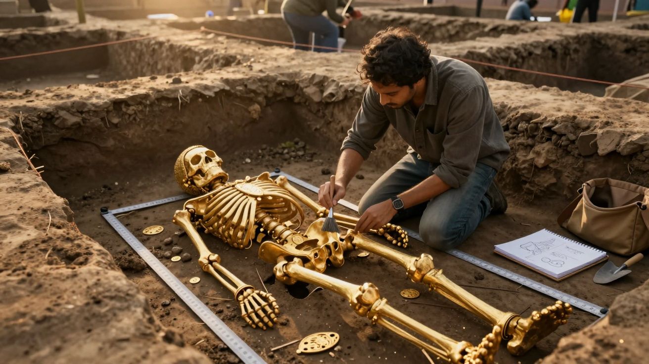 Arqueólogo limpa com pincel esqueleto dourado enterrado durante escavação arqueológica ao ar livre.
