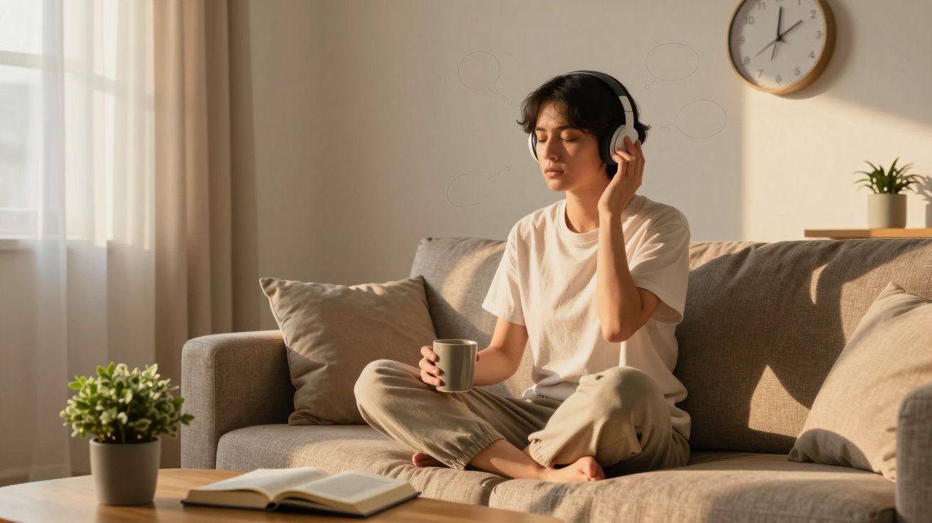 Pessoa sentada no sofá com auscultadores a ouvir música e a segurar uma chávena, luz natural entra pela janela.