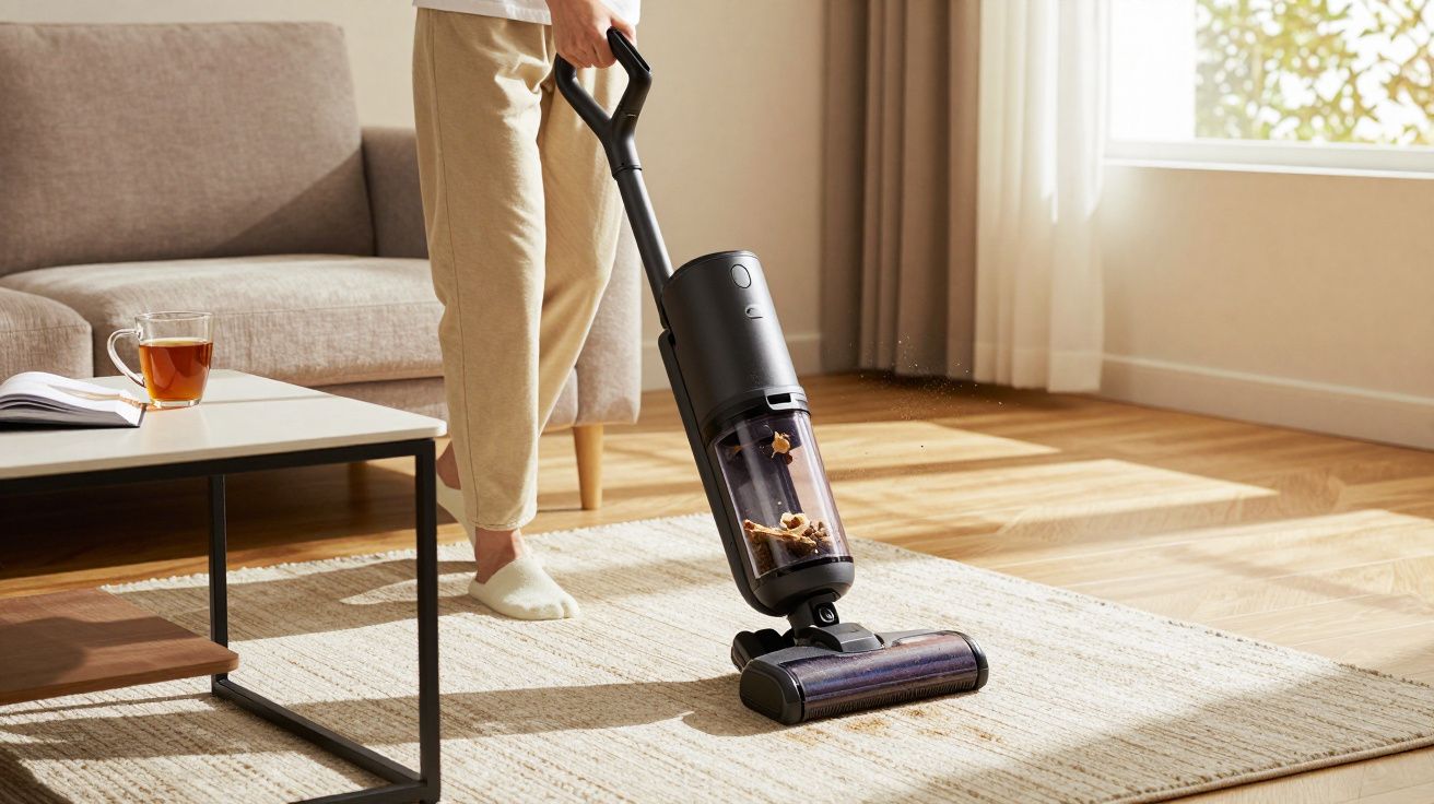 Pessoa a aspirar um tapete claro numa sala com aspirador sem fios preto moderno.