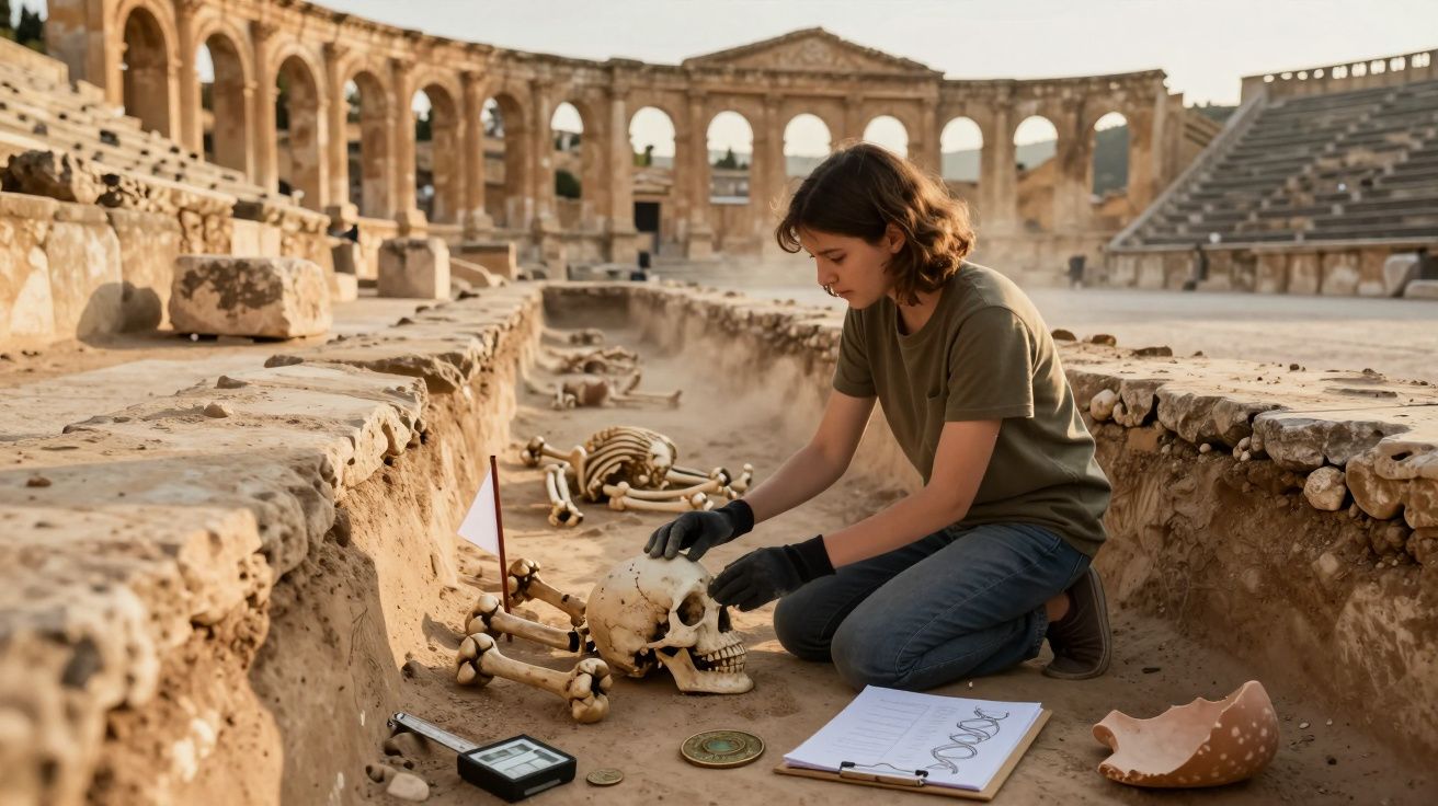 Jovem arqueóloga analisa crânio em escavação arqueológica num antigo anfiteatro romano.