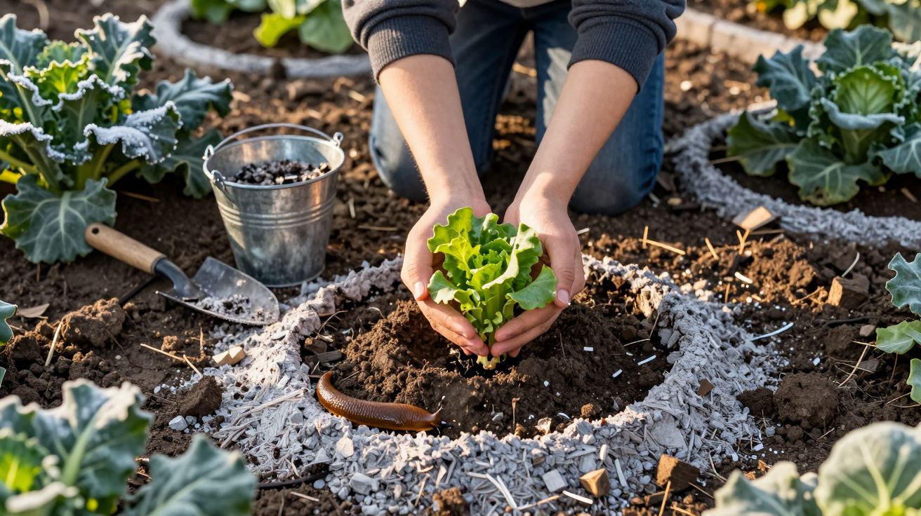Pessoa a plantar alface jovem num canteiro de jardim com ferramentas e minhoca visíveis.