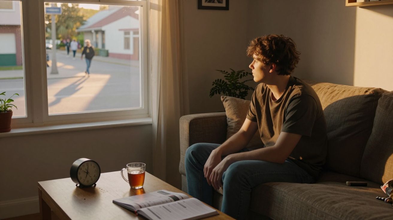 Jovem sentado no sofá a olhar pela janela, com livro aberto, chá e relógio numa mesa em frente.