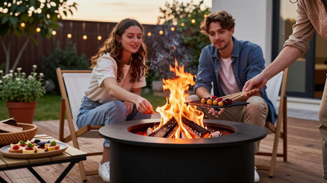 Duas pessoas a assar espetadas numa fogueira exterior num espaço de convívio durante o pôr do sol.