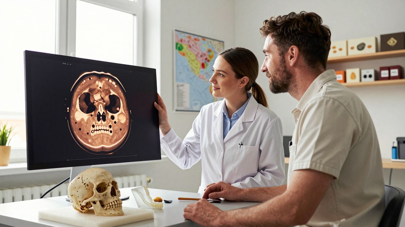 Médica em bata branca explica a um homem imagem de uma tomografia do crânio num ecrã de computador.