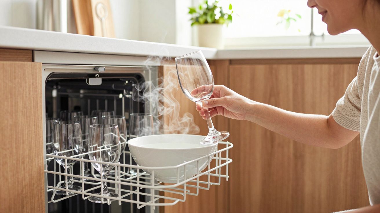 Pessoa a retirar copo de vinho de máquina de lavar louça com bandeja cheia de pratos e copos na cozinha.