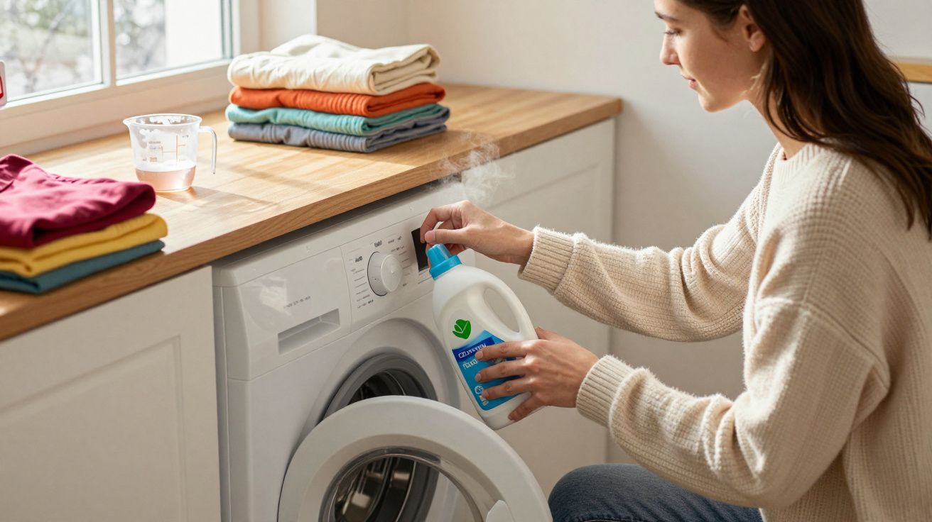 Mulher a colocar detergente na máquina de lavar roupa numa lavandaria doméstica iluminada.
