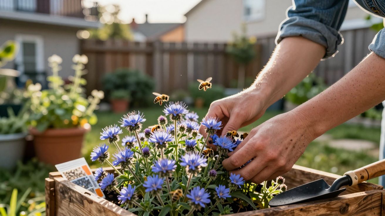 Mãos a cuidar de flores azuis num canteiro de madeira, com abelhas a voar ao redor num jardim.