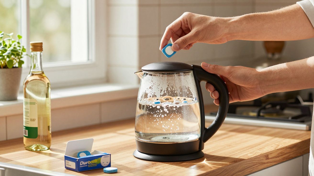 Mãos a colocar pastilha efervescente num jarro elétrico com água numa bancada de cozinha iluminada.