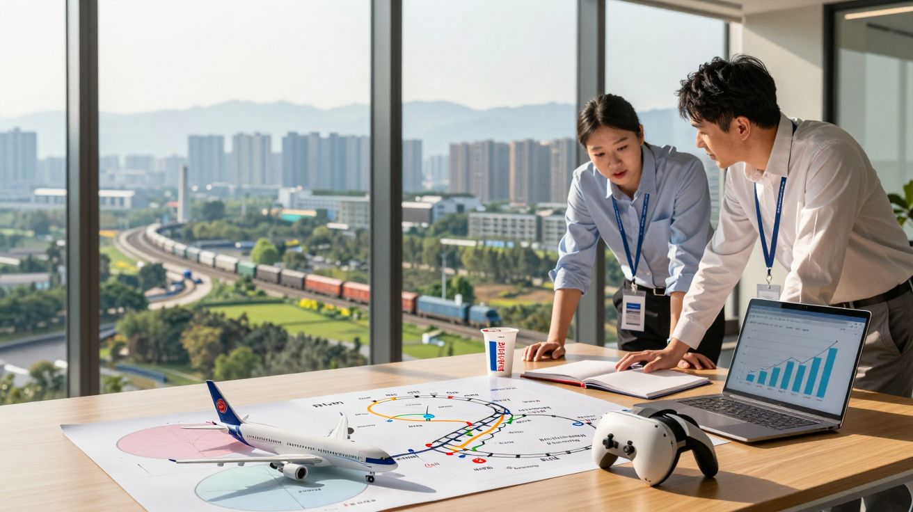 Duas pessoas a analisar gráficos e mapas num escritório com vista para comboios e edifícios ao fundo.