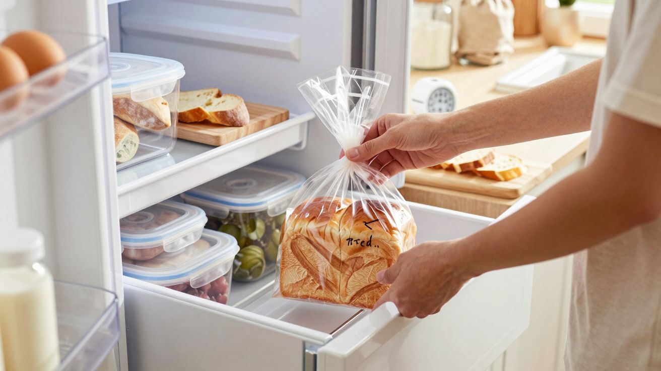 Mãos a colocar pão fatiado embalado no frigorífico, ao lado de alimentos em recipientes plásticos.