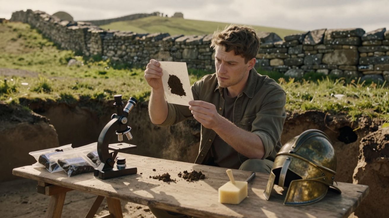 Homem examina amostra de terra em cartão perto de microscópio e capacete antigo numa escavação arqueológica ao ar livre.
