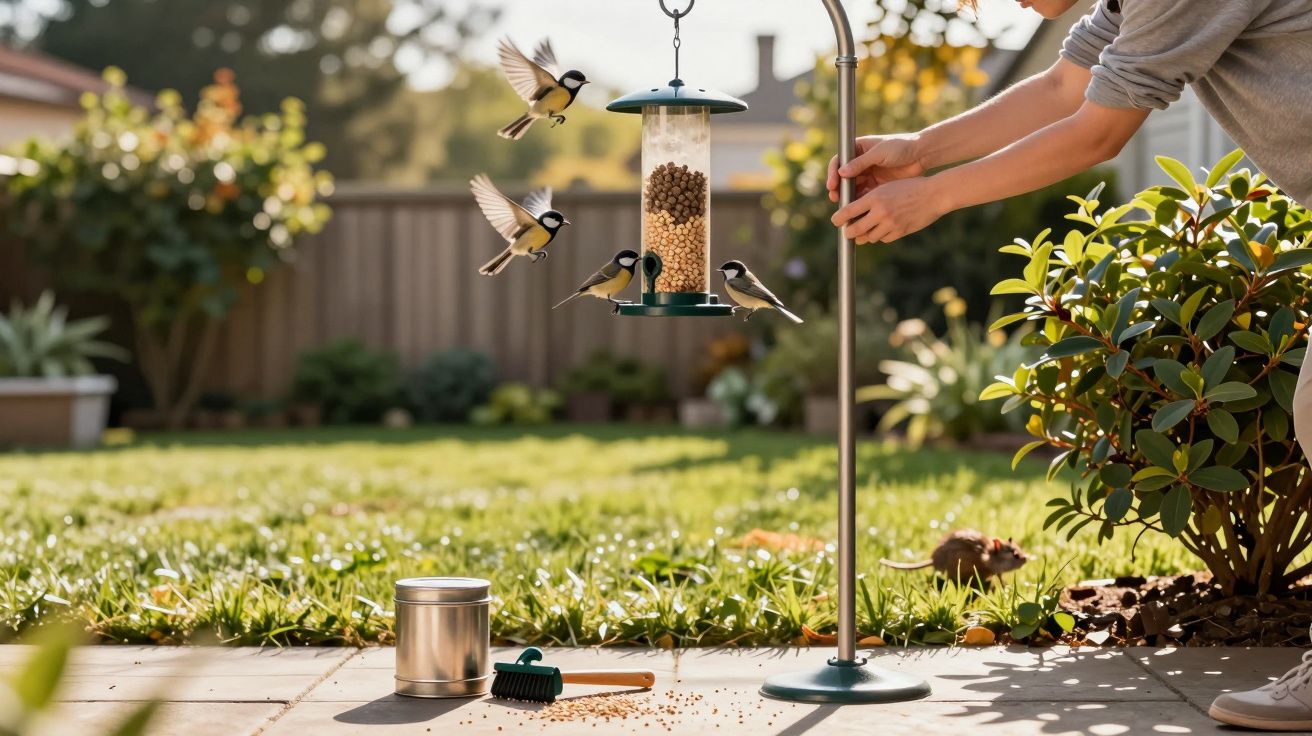 Pássaros a alimentar-se num comedouro suspenso enquanto uma pessoa ajusta o suporte num jardim ensolarado.