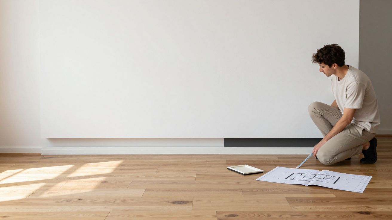 Homem ajoelhado mede espaço no chão com fita métrica e planta de obra numa sala vazia com chão em madeira clara.