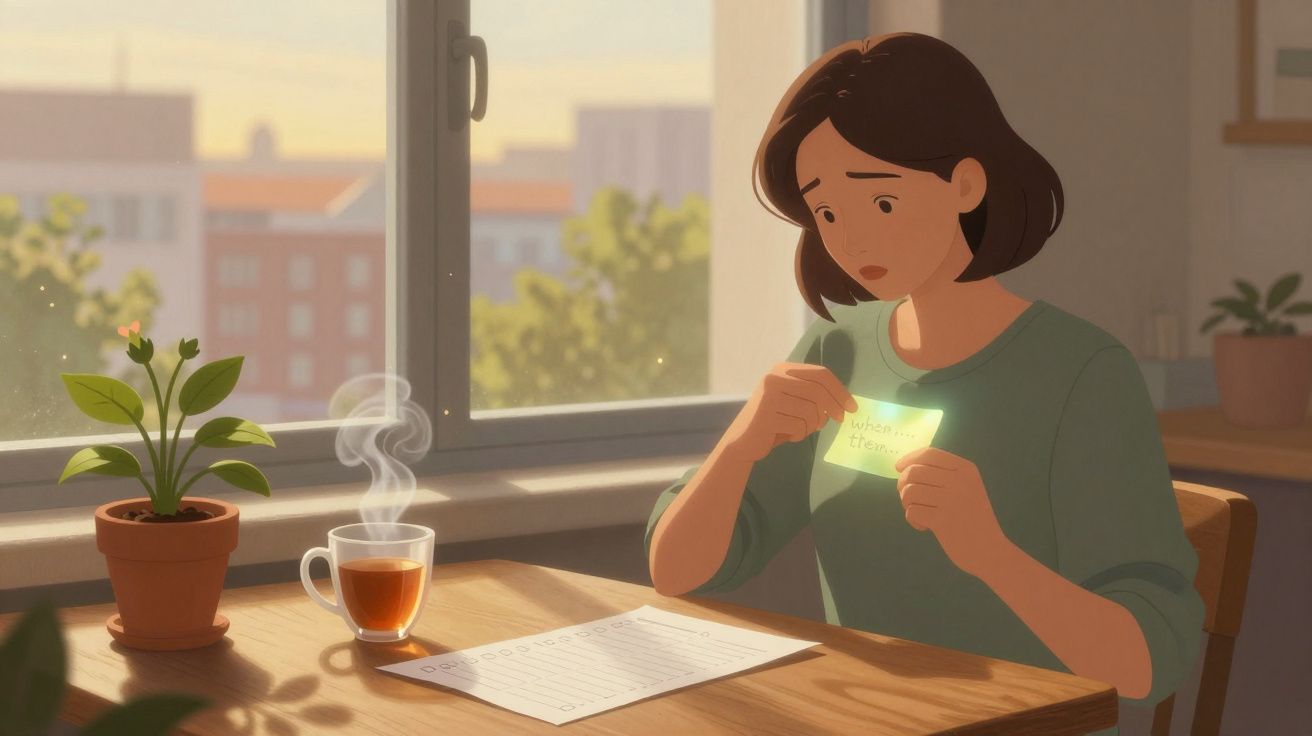 Mulher preocupada lendo nota junto a chá quente numa mesa perto da janela ao entardecer.