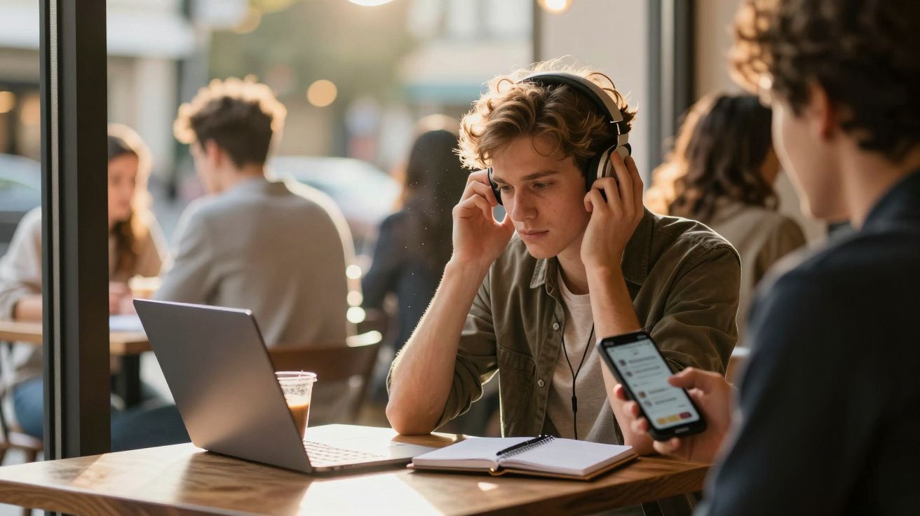 Jovem a estudar com auscultadores numa cafetaria, com portátil, caderno e outra pessoa ao lado no telemóvel.