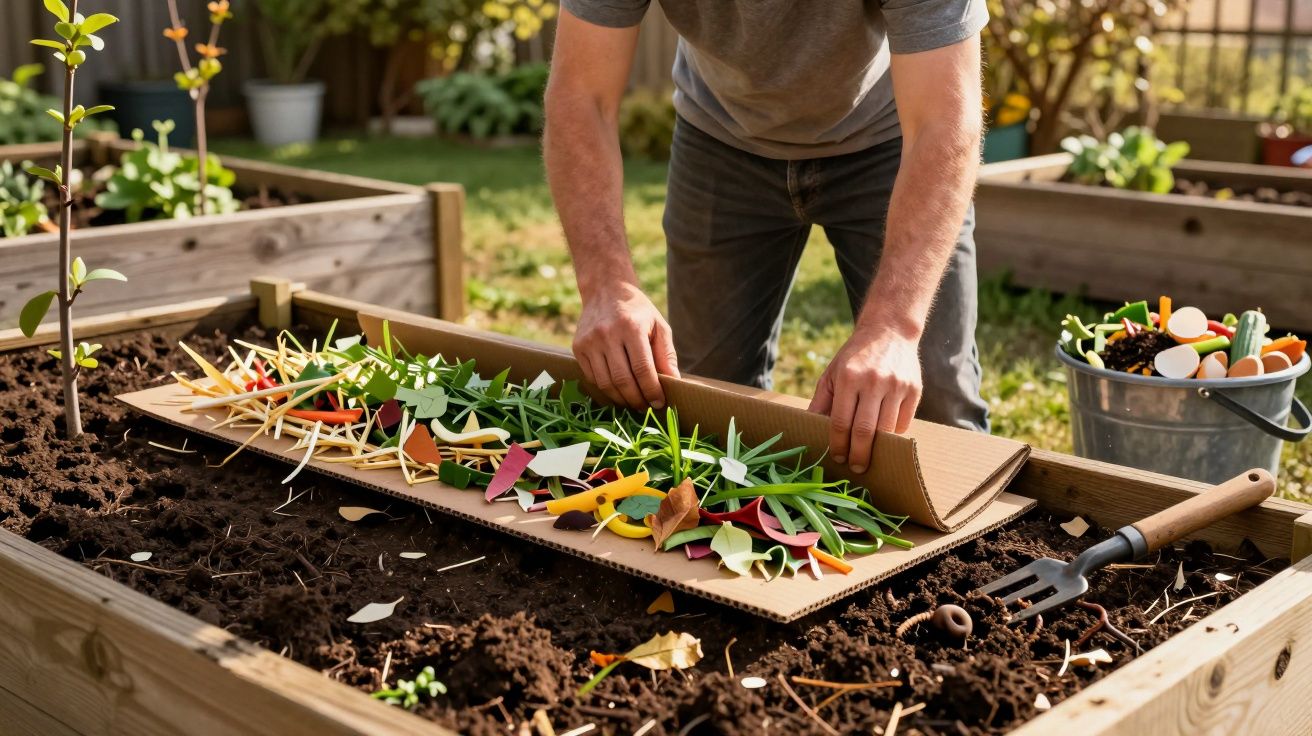 Pessoa a cultivar plantas em canteiro de madeira num jardim solarengo, usando protector de cartão.