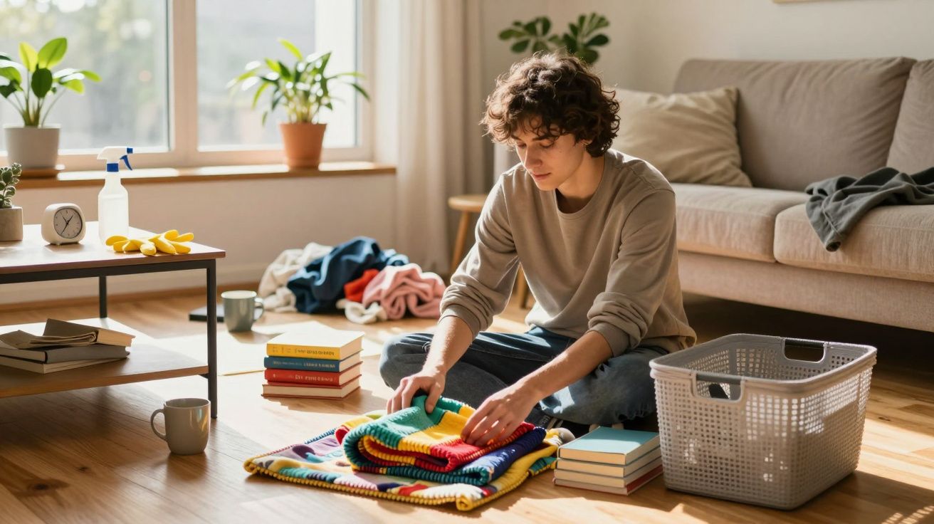 Jovem a dobrar roupa sentada no chão da sala de estar iluminada ao sol, com livros e cesta ao lado.
