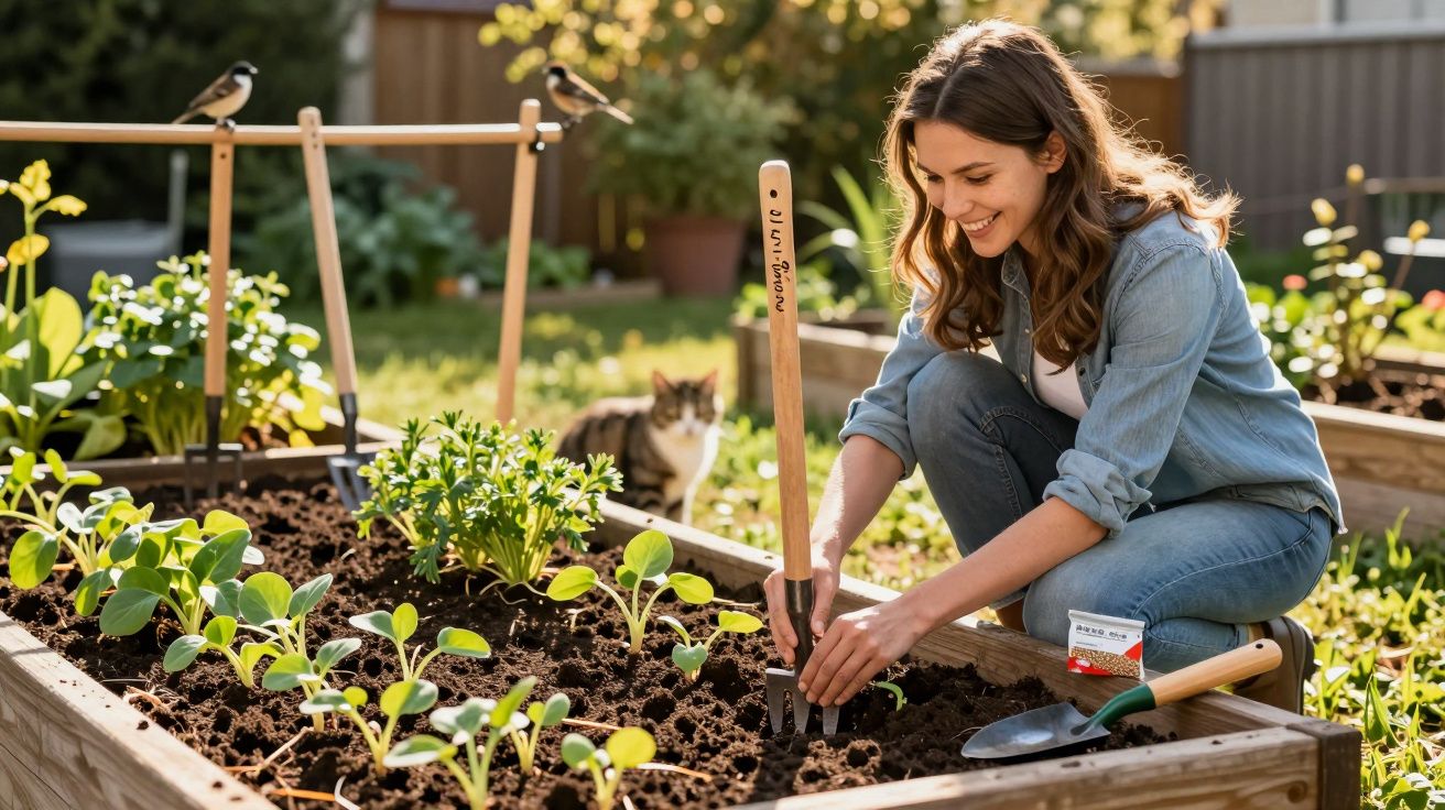 Mulher sorridente a plantar sementes numa horta elevada, com pá e plantas jovens num jardim com passaros e gato ao fundo.