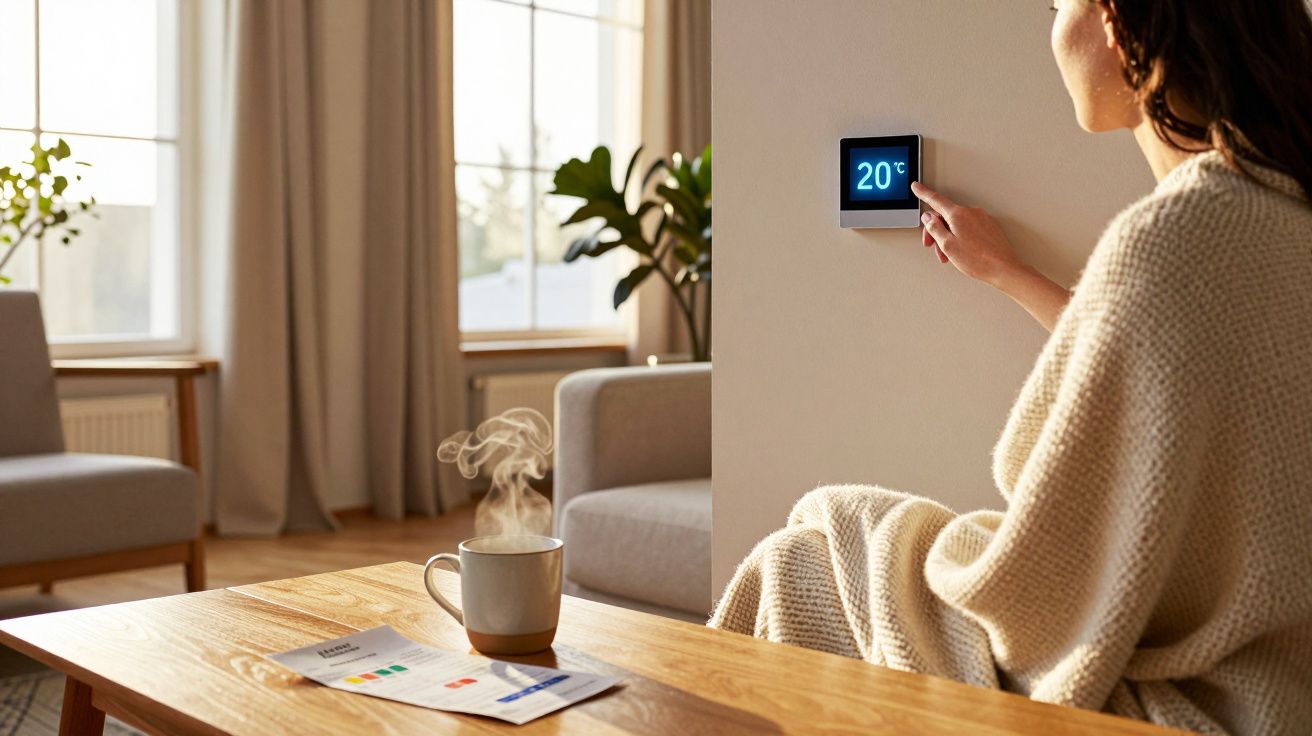 Pessoa a ajustar termostato digital para 20°C numa sala luminosa com chá quente na mesa de centro.