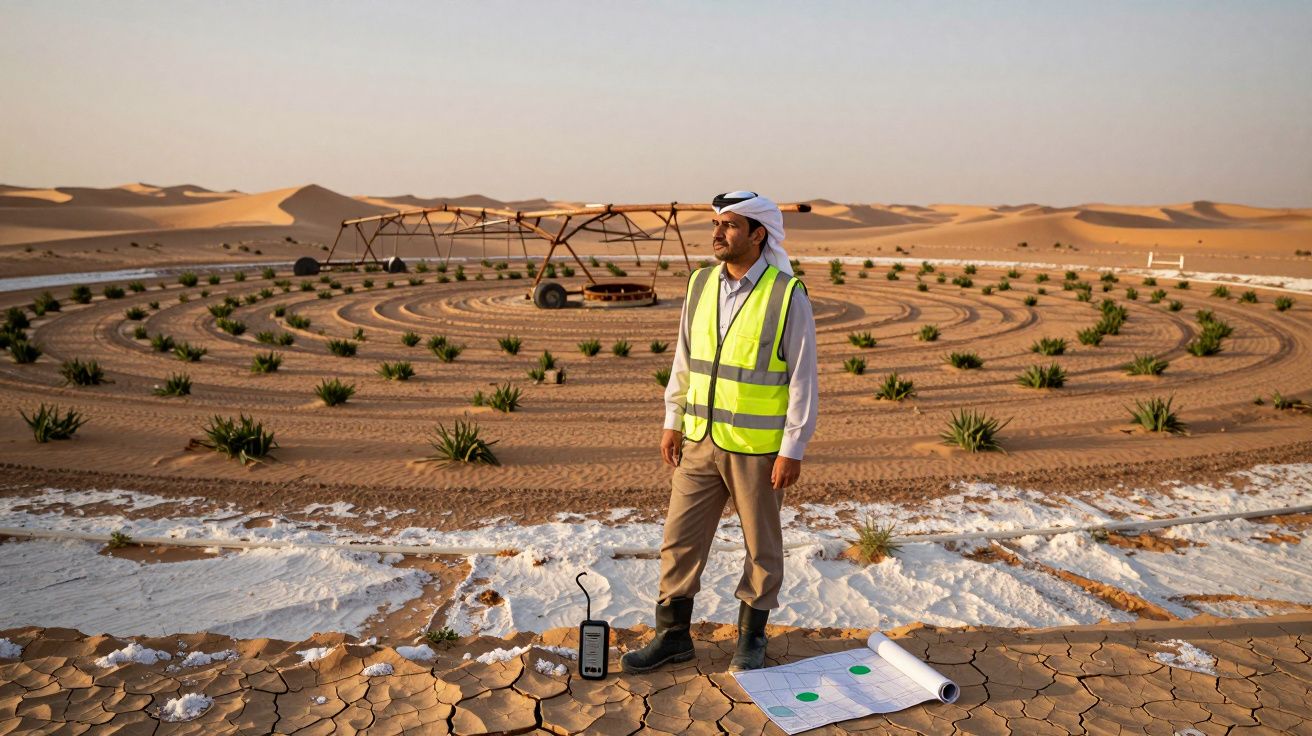 Homem com colete reflectivo numa fazenda em forma de espiral no deserto com plantações e areia seca.