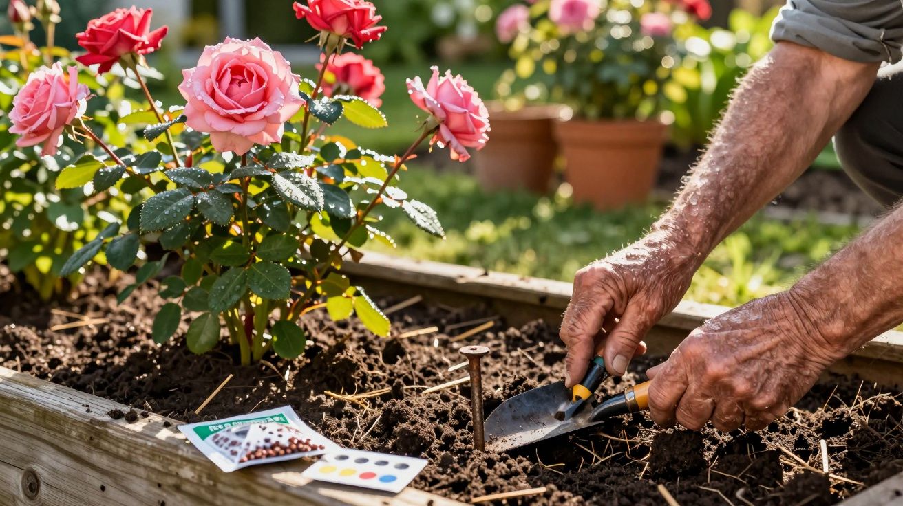 Mãos de um homem a plantar sementes em terra junto a um canteiro de rosas cor-de-rosa num jardim.