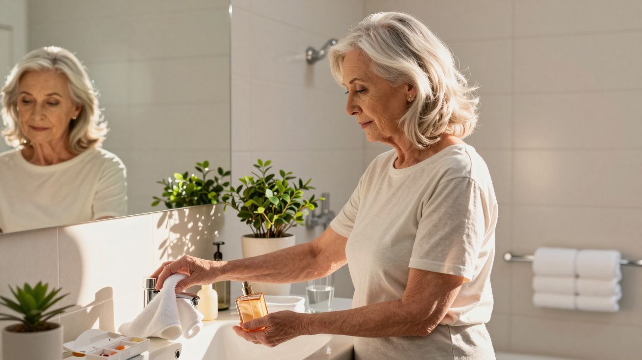 Mulher idosa num banheiro a usar um perfume, com plantas e toalhas visíveis na decoração.