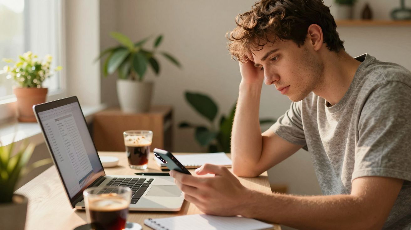 Jovem sentado a uma mesa a olhar preocupado para o telemóvel, com computador portátil e bebidas à sua frente.