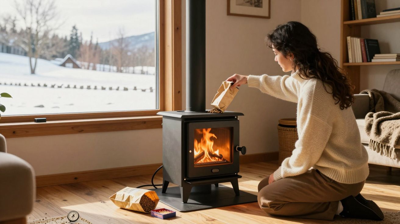 Mulher de joelhos a colocar pellets numa salamandra numa sala com janela para paisagem nevada.
