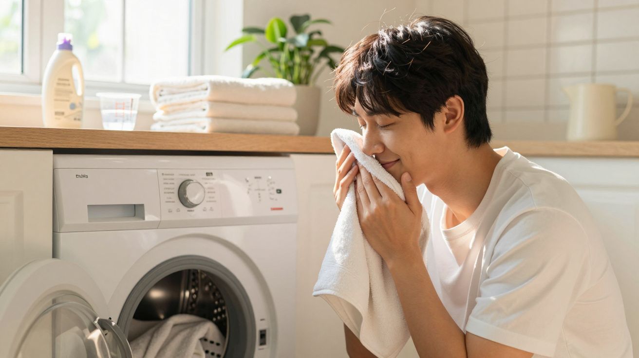 Homem jovem a cheirar uma toalha limpa junto a uma máquina de lavar roupa numa cozinha iluminada.