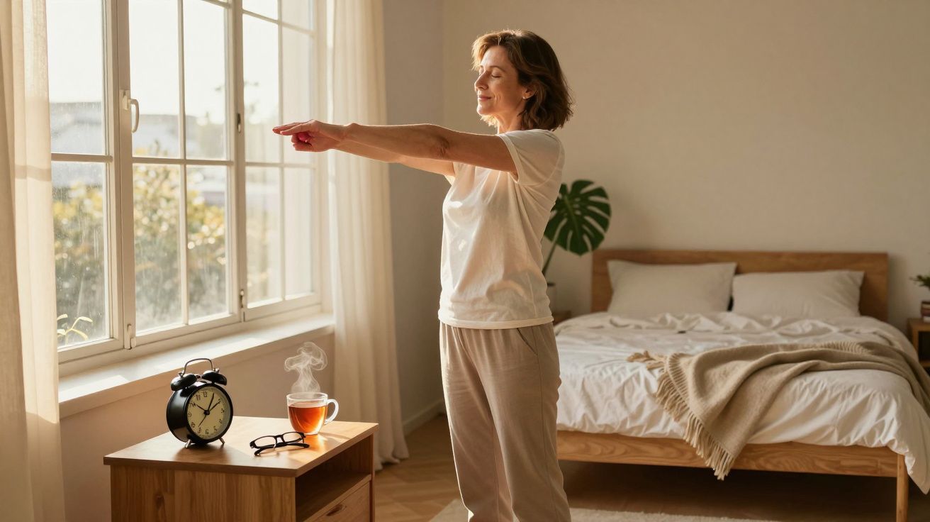 Mulher faz alongamento junto a janela de quarto com cama e mesa de cabeceira pela manhã.