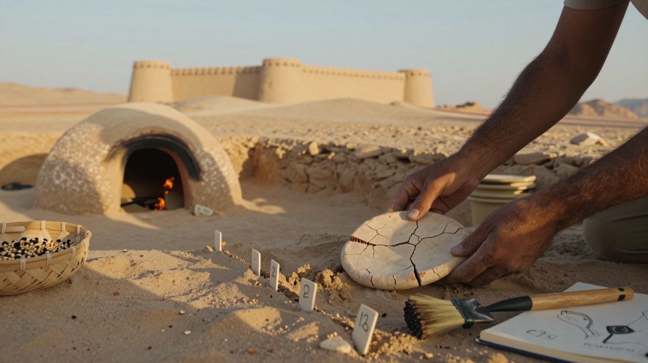 Mãos a manipular um pão seco no deserto com forno tradicional de barro e castelo ao fundo.