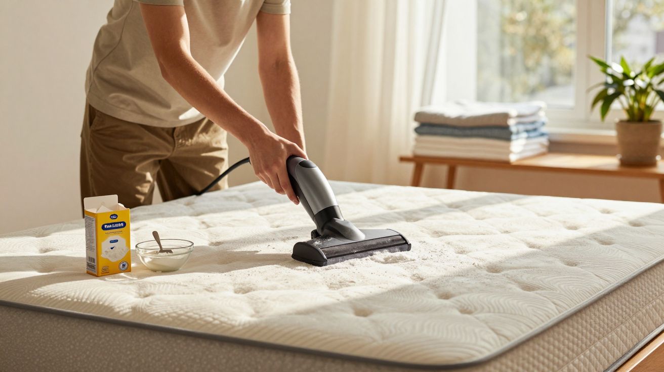 Pessoa a limpar um colchão com aspirador de pó num quarto iluminado e ensolarado.