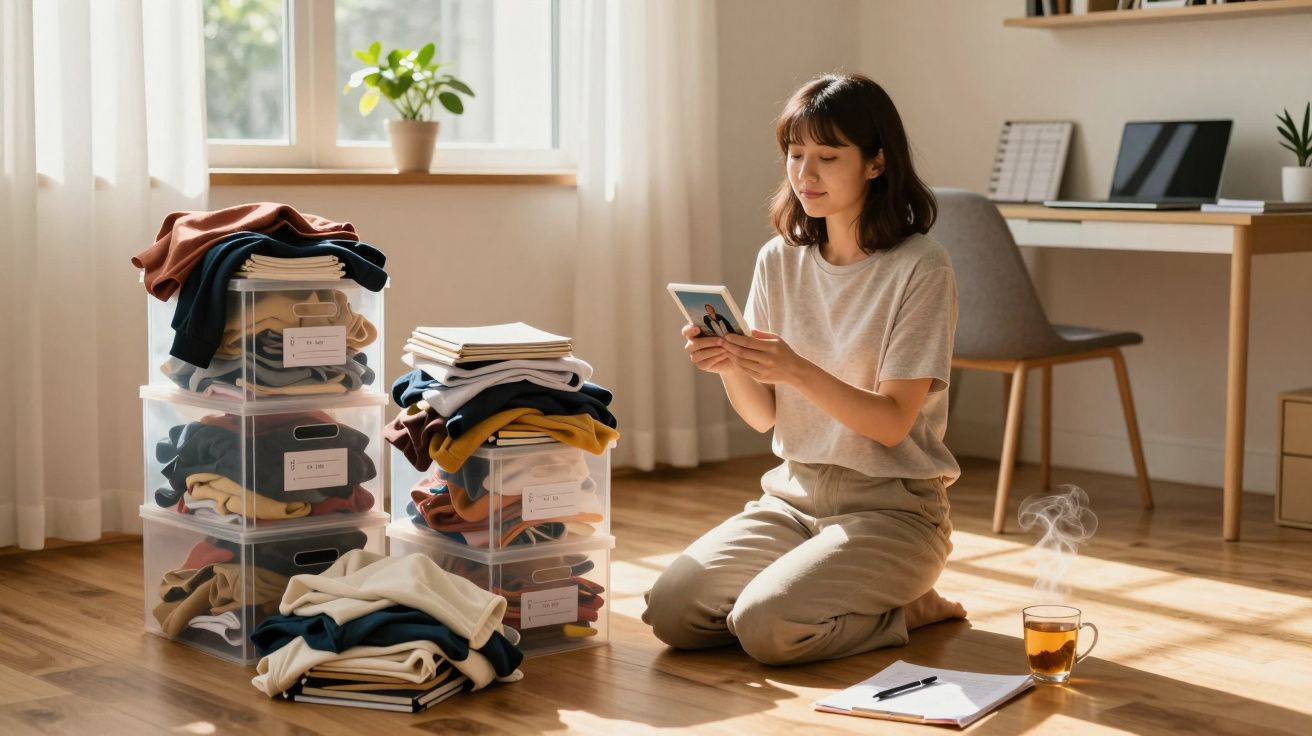Mulher a organizar roupas em caixas transparentes, sentada no chão junto a uma chávena de chá e bloco de notas.
