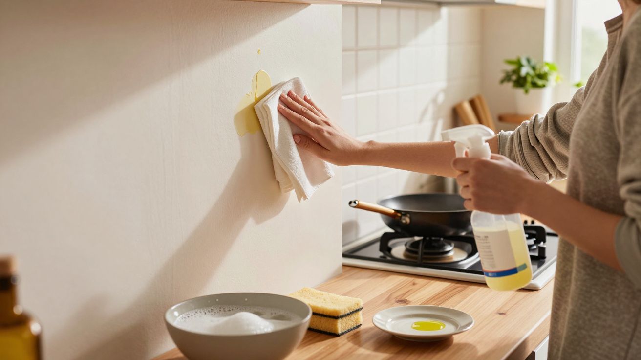 Pessoa a limpar nódoa amarela numa parede branca da cozinha com pano e spray de limpeza.