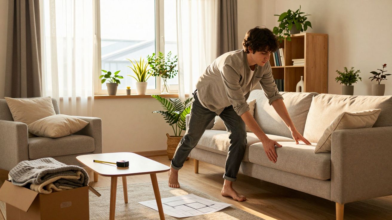Homem a organizar sofá numa sala iluminada com plantas e caixa de mudanças.