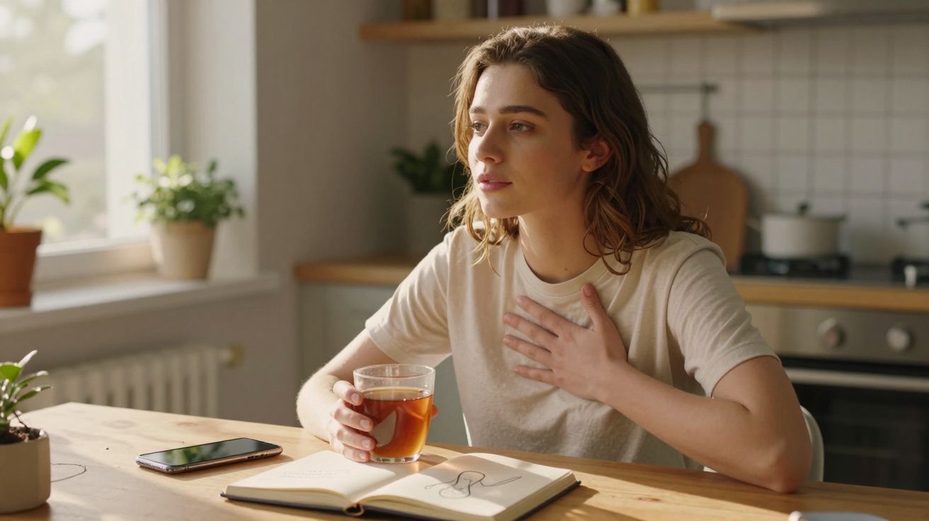 Mulher sentada à mesa na cozinha com chá na mão, com uma expressão pensativa olhando para o lado.