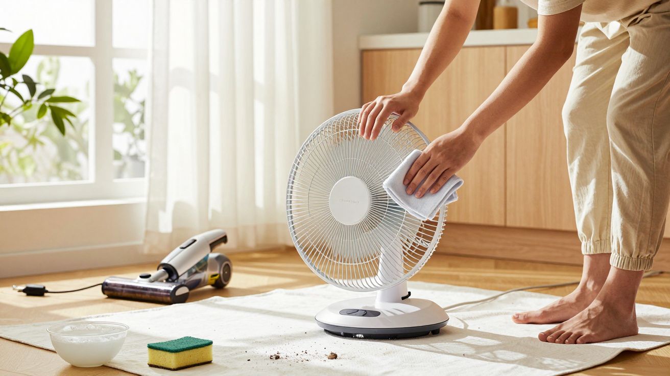 Pessoa a limpar um ventilador branco num ambiente doméstico com aspirador e esponja no chão.