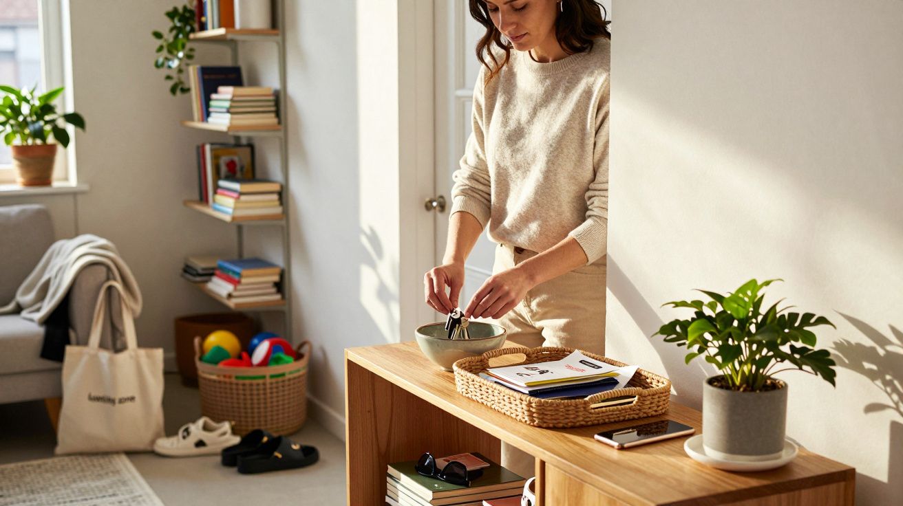 Mulher guarda chaves numa tigela sobre móvel de madeira numa sala iluminada com plantas e livros.