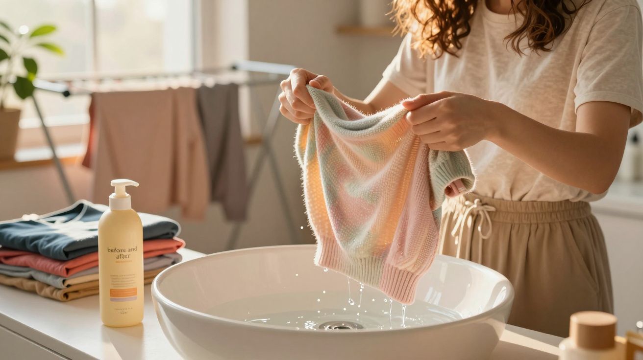 Pessoa a lavar uma peça de roupa colorida à mão numa pia branca, com roupas dobradas ao lado.