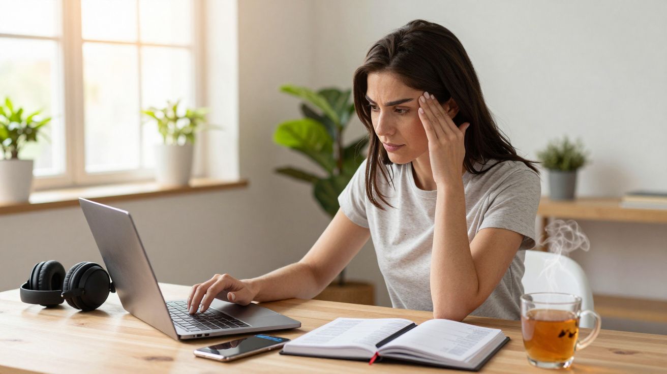 Mulher preocupada a usar computador portátil numa mesa com caderno, telemóvel, auscultadores e chá quente.