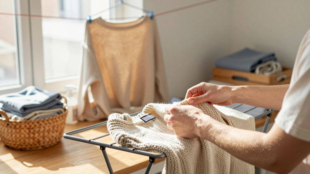 Pessoa a coser etiqueta de camisola de malha bege junto a janela com luz natural.