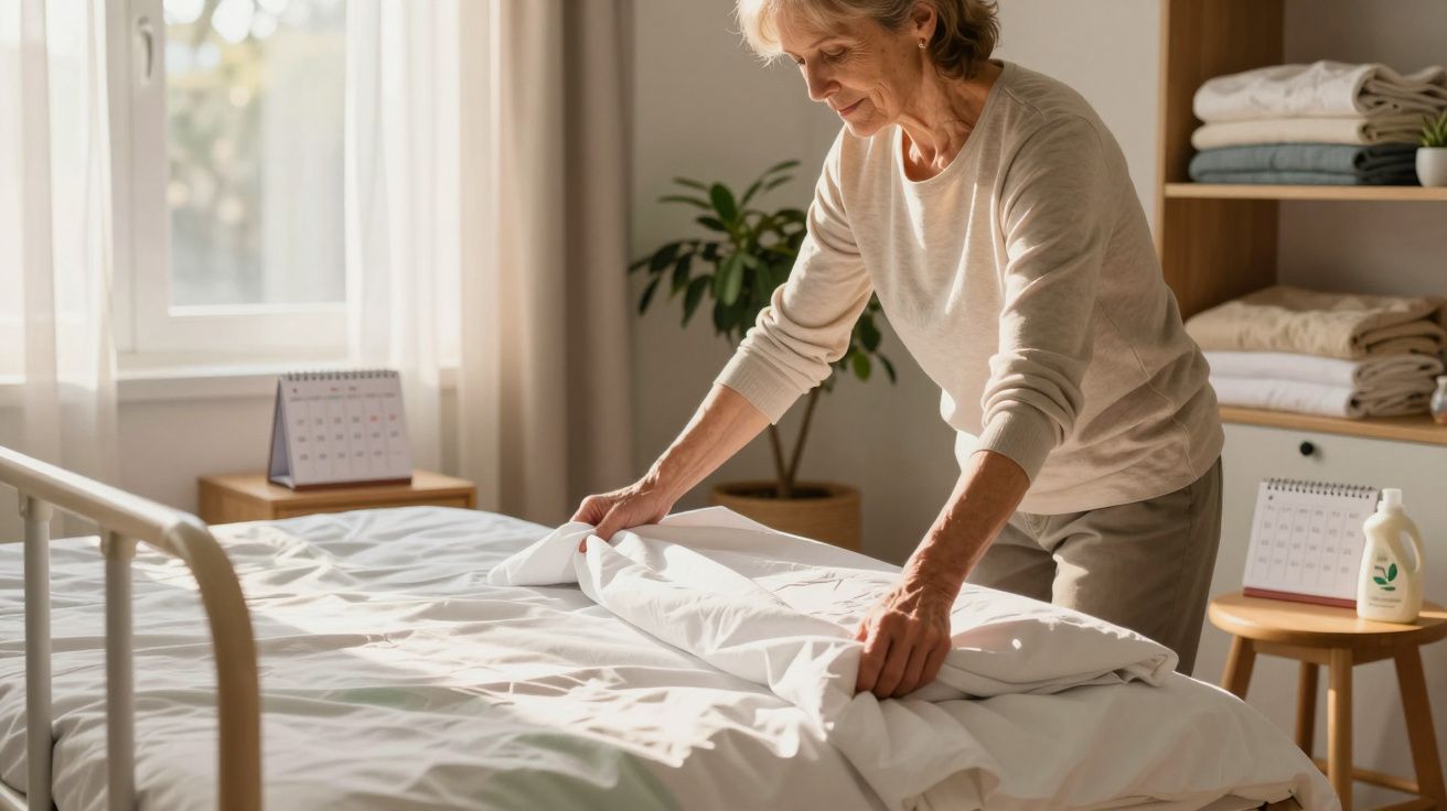 Mulher idosa a arrumar a cama num quarto luminoso com roupas dobradas e calendário visível.