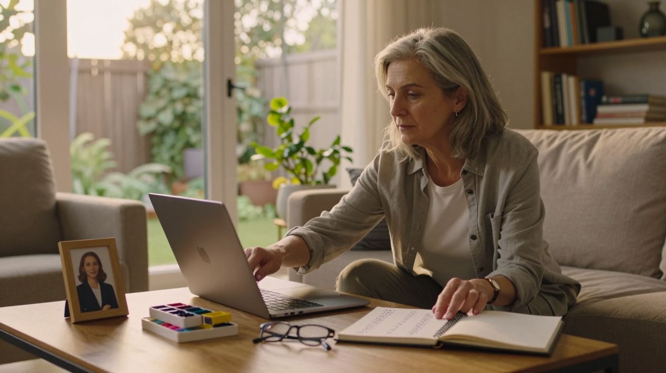 Mulher de cabelo grisalho a trabalhar num computador portátil, sentada numa sala com caderno aberto à frente.