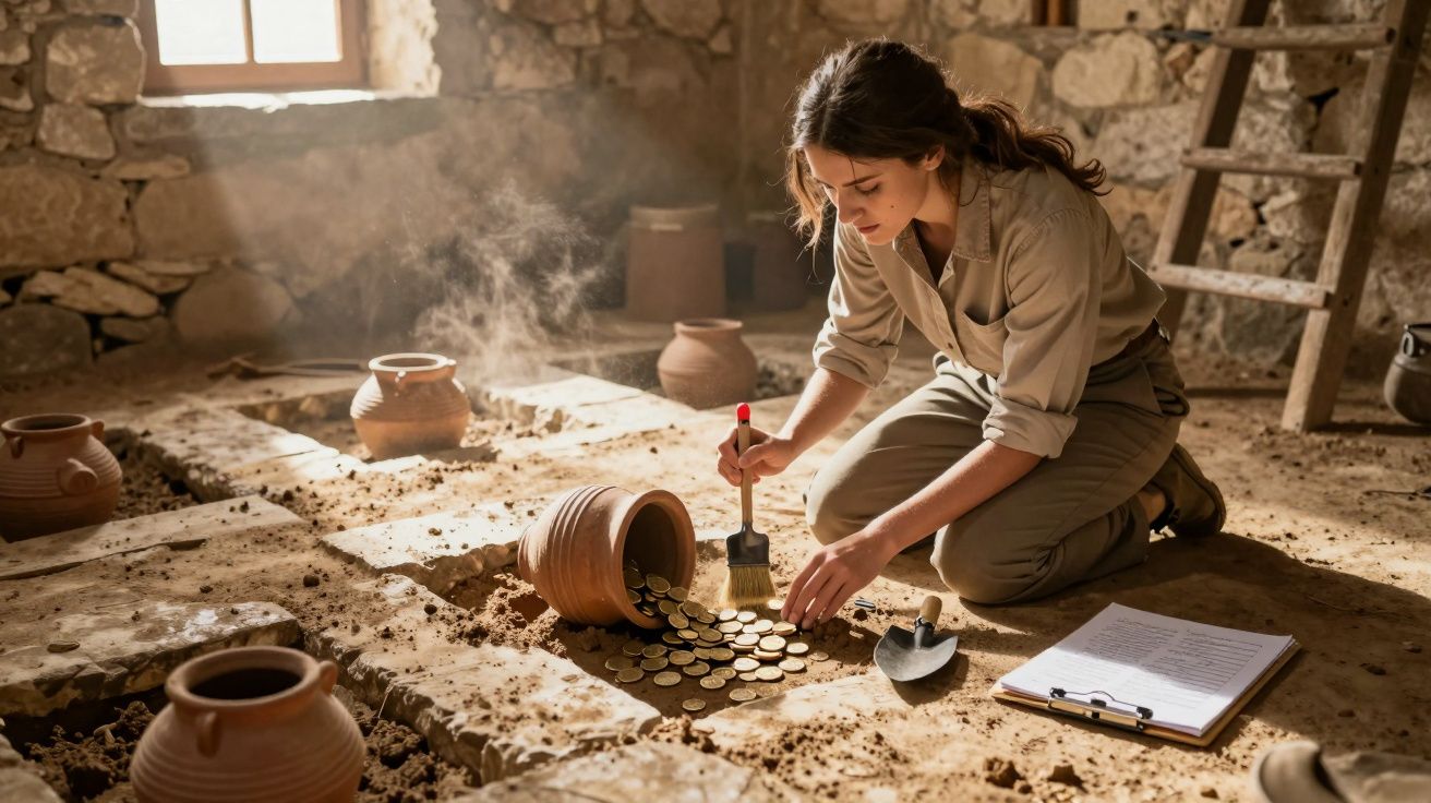 Mulher arqueóloga escava moedas antigas numa zona arqueológica com jarros de barro ao redor.