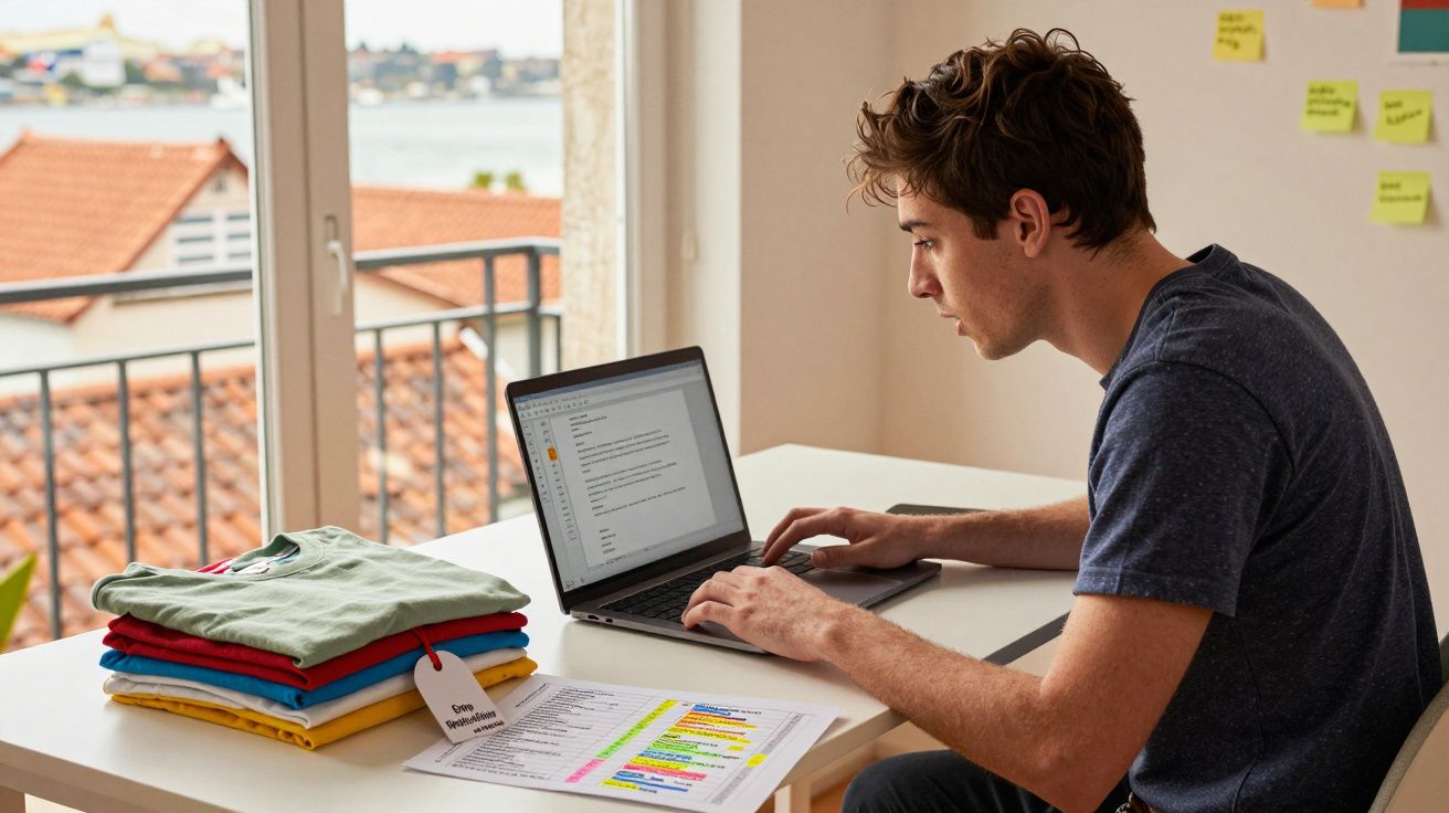Jovem a trabalhar num computador portátil numa mesa com roupas dobradas e documentos destacados.