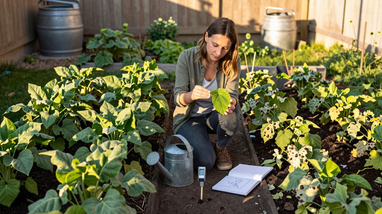 Mulher a examinar uma folha num jardim com plantas enquanto segura um caderno aberto no chão.