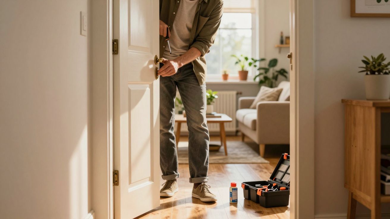 Pessoa a instalar fechadura numa porta interior, com caixa de ferramentas e cola no chão, numa sala iluminada.