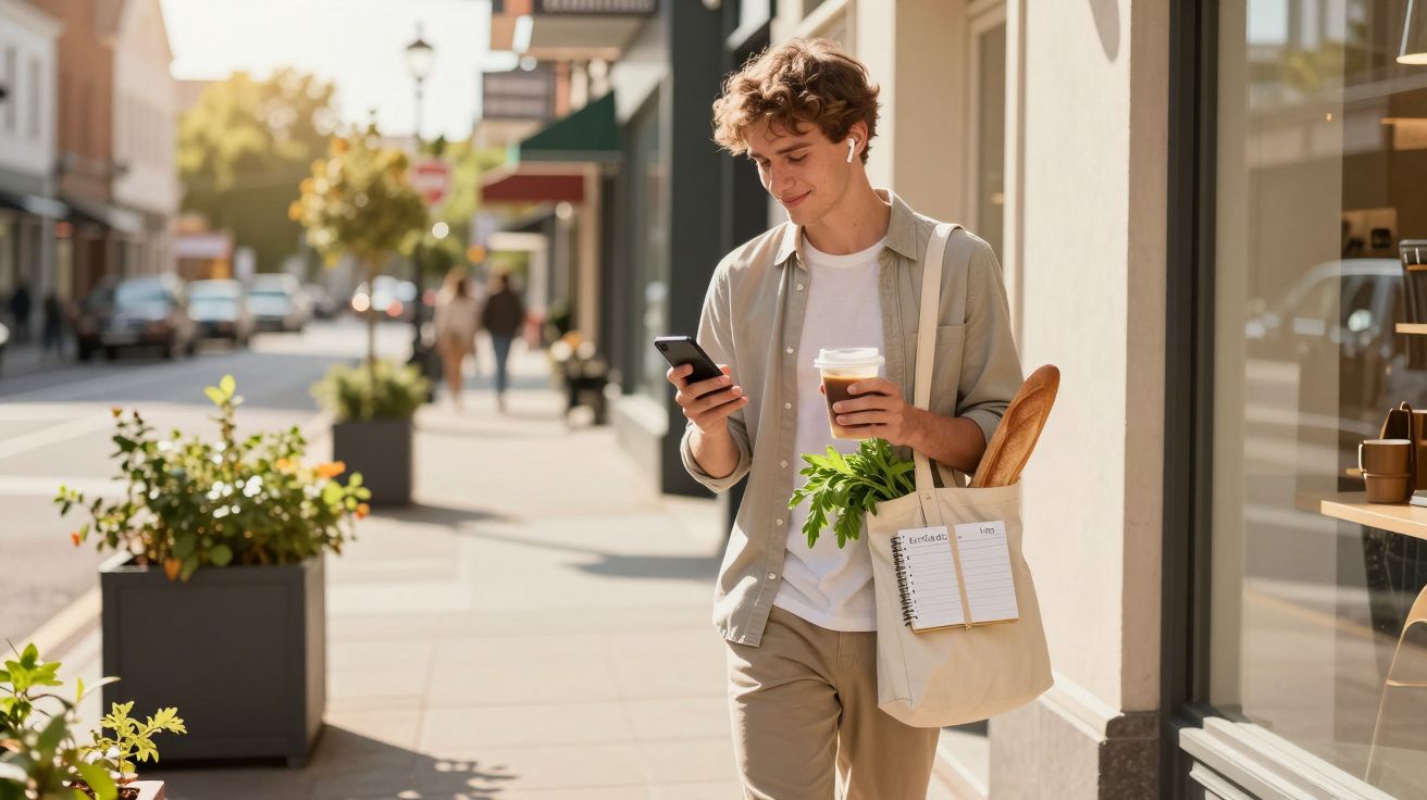 Jovem caminha na rua com saco de compras, café na mão e usa telemóvel com auscultadores.