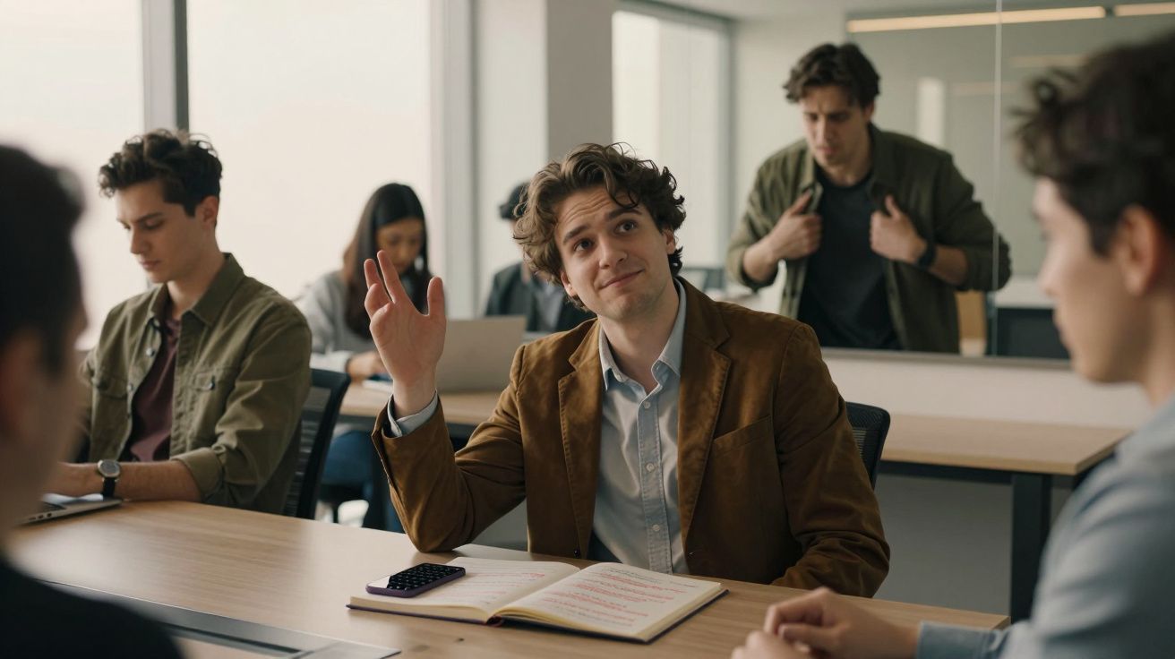 Jovem numa sala de aula levanta a mão para participar, ao lado de colegas sentados a uma mesa.