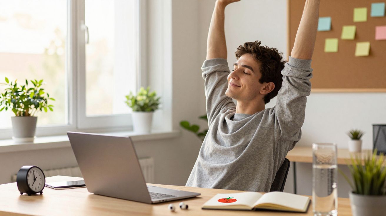 Jovem a espreguiçar-se sentado à secretária com computador portátil, plantas e caderno com desenho de tomate.